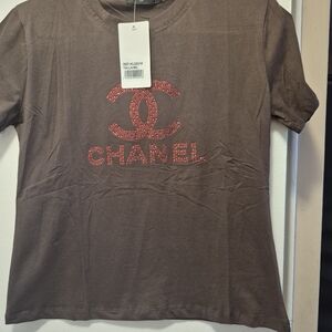 CHANEL Chocolate Brown Tee with Scarlet Logo